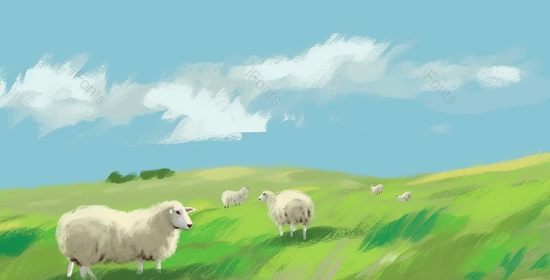 春日夏日季节在一望无际的绿色大草原上的五只牧羊绵羊风景插画,插画/手绘图,插画/手绘图库,插画/手绘图下载,插画/手绘